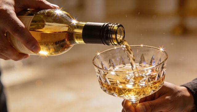 Pouring golden white wine into crystal coupe with sparkling flares and luxury ambiance