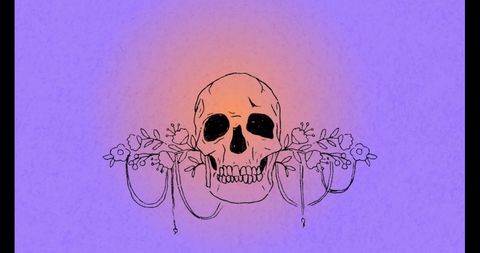 Skull with floral elements on gradient purple background