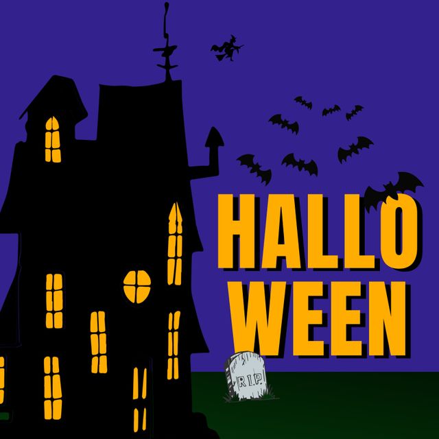 This illustration, perfect for Halloween events and decorations, depicts a spooky night scene with a haunted house, flying bats, and a tombstone with 'RIP' on a dark blue background. Ideal for posters, invitations, and party decor to add an eerie atmosphere. Those celebrating Halloween can use this graphic for digital and print designs, web banners, social media posts, and commercial or personal projects.