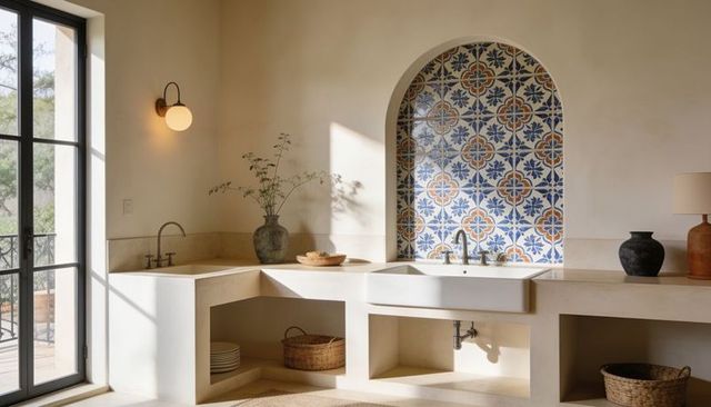 Sunlit mediterranean kitchen with arched tiled niche and apron-front sink, rustic minimal