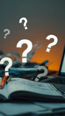 Floating Question Marks Drifting Above Notebook for Creative Brainstorming Vertical Video
