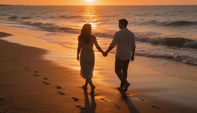 Romantic couple walking hand in hand on sunset beach leaving footprints in wet sand
