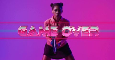 Retro neon gamer woman holding controller under game over, magenta purple arcade portrait