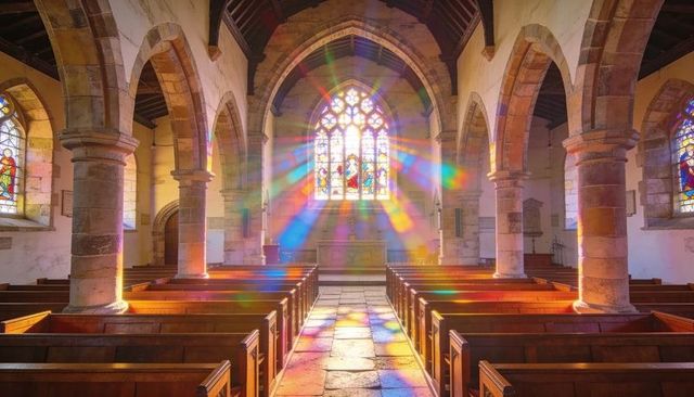 Stained glass casting rainbow rays across historic church nave and flagstone aisle