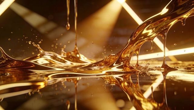 Flowing golden syrup forming filaments and droplets on glossy reflective surface
