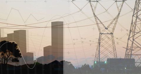 Transmission Tower and Power Lines with Data Graph Overlays at Dusk