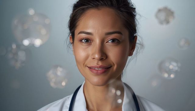 Smiling female doctor facing camera with stethoscope and soft bubble bokeh background
