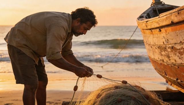 Fisherman untangling net at golden sunset beside weathered wooden boat on shoreline
