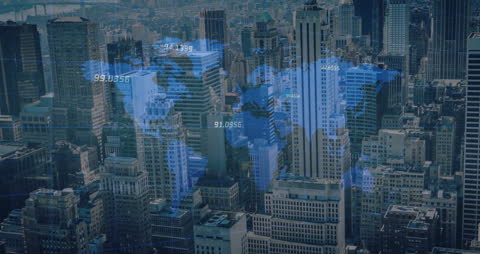 Digital World Map Overlaying Urban Cityscape for Concept of Global Networks