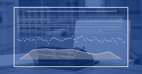 Digital data interface overlaying rustic office with typewriter