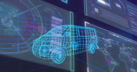 Futuristic 3D Wireframe Van Model in Virtual Workspace