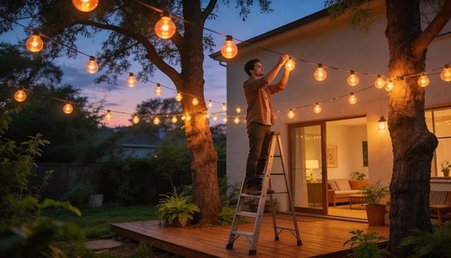 Man installing string lights over backyard deck at twilight for cozy outdoor ambience