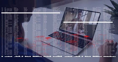 Collaborating Remotely on Laptop with Video Call, Code and Cybersecurity Dashboard Overlay