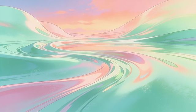 Pastel flowing horizon: serene glossy swirl abstract landscape with soft gradient ribbons