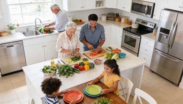 Multigenerational family preparing healthy meal together in bright modern kitchen