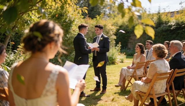 Two grooms exchanging vows in sunlit garden during intimate outdoor wedding ceremony