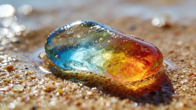 Translucent glass pebble glowing blue to orange on wet sand shore with macro bokeh sparkle
