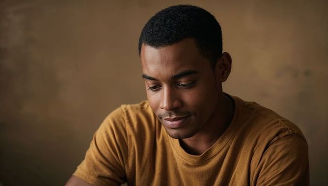 Contemplating young man wearing brown t-shirt closeup portrait with soft warm lighting