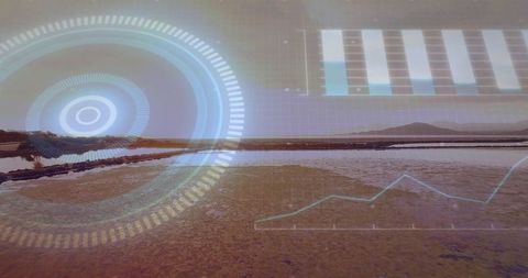 Futuristic technology interface overlaying serene salt flat scene