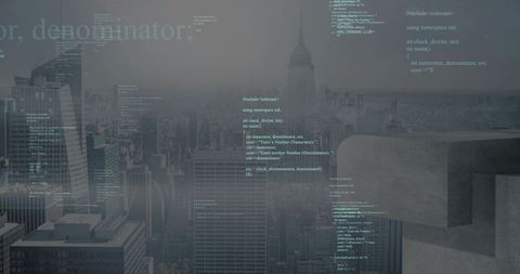 Moody city skyline with code overlay viewed from rooftop concrete parapet, tech concept