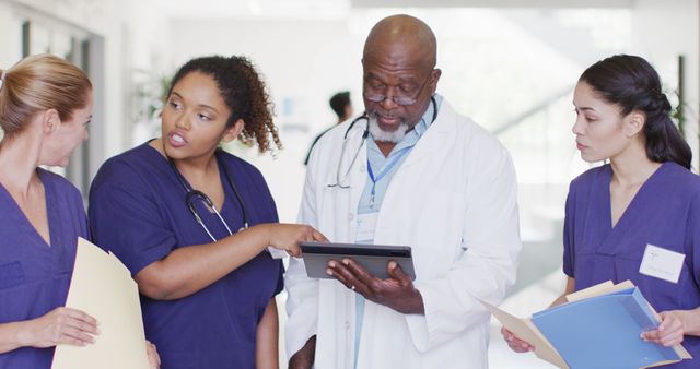Image of diverse male and female doctors looking at tablet and files, talking in hospital corridor - Download Free Stock Photos Pikwizard.com