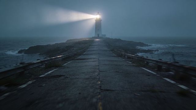 Lighthouse casting twin beams over foggy causeway, rusted guardrails, moody coastal night