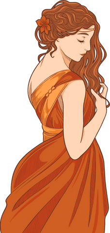Elegant woman in orange gown with flower hair clip on transparent background