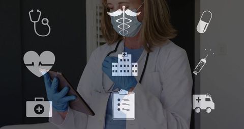 Clinician using tablet adjusting stethoscope wearing mask and gloves with health icons