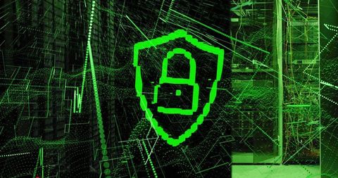Neon Green Shield Protecting Server Room Representing Cybersecurity and Data Encryption