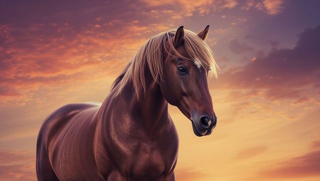 Majestic Horse Standing Against Vibrant Sunset Sky