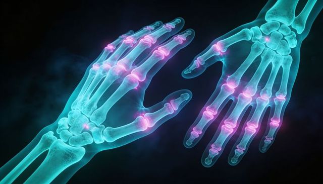 Glowing hand skeletons highlighting inflamed finger joints medical illustration
