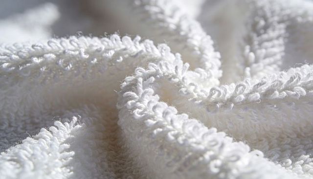 White terry cloth macro texture showing looped pile and soft fibers closeup