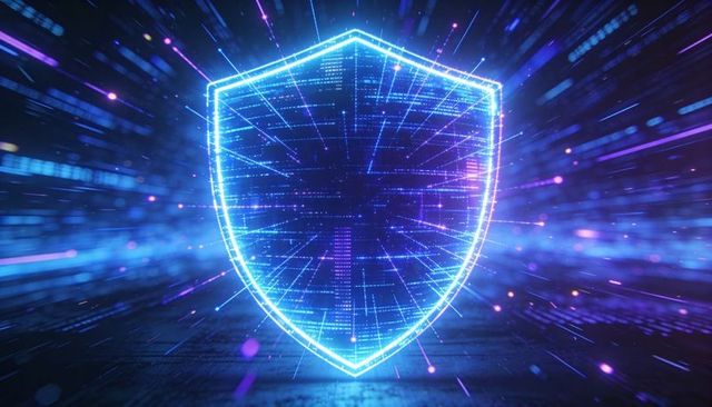 Neon holographic shield protecting cyber network with digital data streams and particles