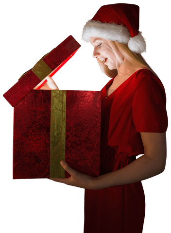 Smiling woman in santa hat opening transparent holiday gift box