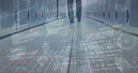 Businessman Navigating Virtual Data in Modern Server Room