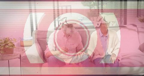 Senior couple on sofa with graphic glitch and scanline distortion, cozy companionship