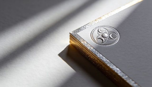 Stacking premium embossed business cards with gold edges and minimalist crescent emblem
