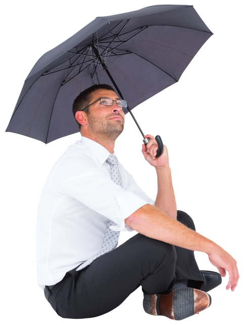 Transparent Businessman Sitting Holding Black Umbrella Looking Thoughtful - Download Free Stock Videos Pikwizard.com