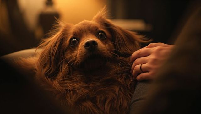 Cozy long-haired brown dog gazing upward while being petted on dimly lit sofa