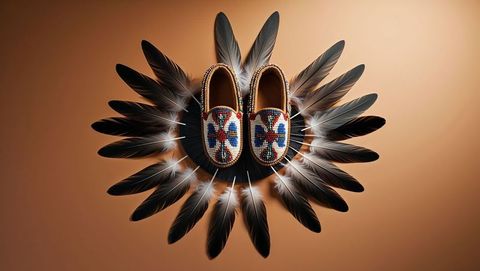 Beaded leather moccasins with feather display in artistic composition