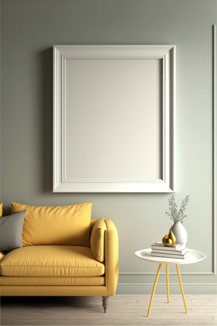 Living room with blank photoframe on wall with copy space, created using generative ai technology - Download Free Stock Photos Pikwizard.com