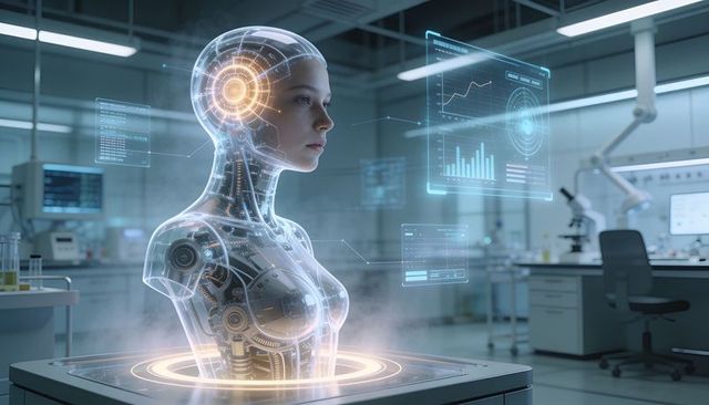 Glowing android bust revealing circuitry and neural hub displaying holographic data in lab