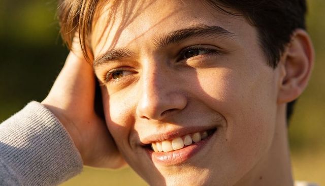 Teenage boy smiling in golden hour sunlight resting hand on head outdoor portrait