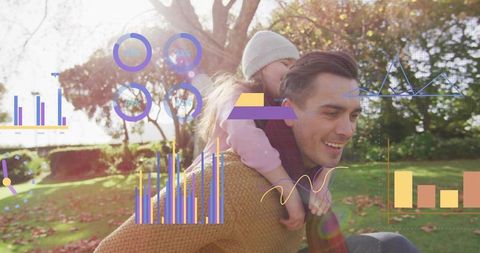Father Carrying Daughter on Piggyback in Autumn Park with Data Infographics Overlay