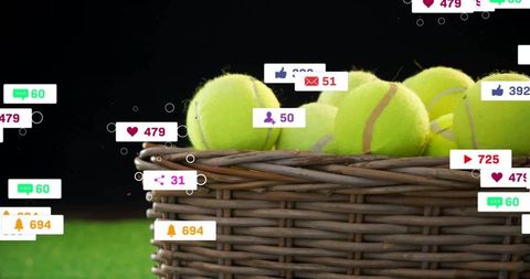 Tennis balls in basket with social media icons floating