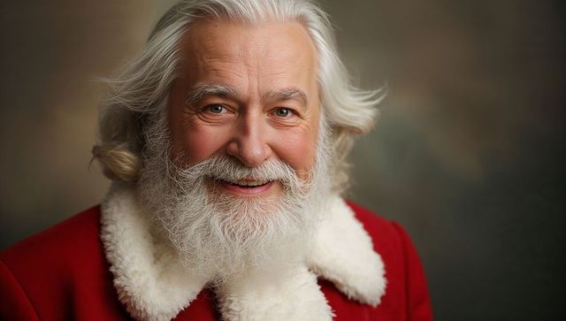 Smiling senior man in red coat with white fur accent portrait