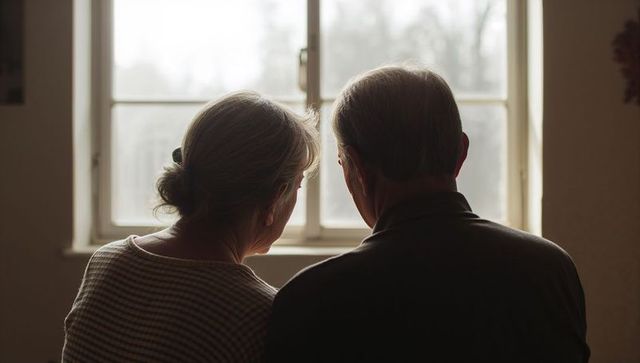 Senior couple sitting by four-pane window, quiet companionship and reflection