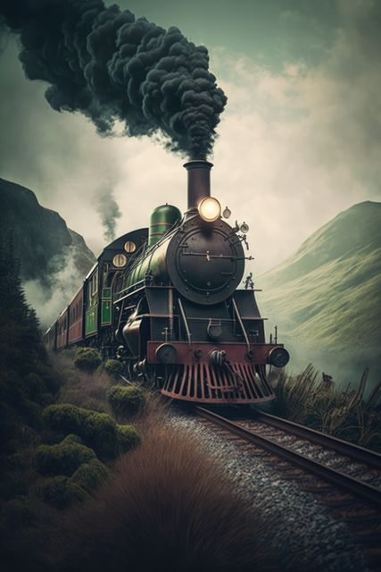 Steam locomotive traveling on tracks through scenic mountain landscape. Captured with dramatic clouds of steam and lush greenery on either side of the railway. This visually stunning image evokes a sense of nostalgia, adventure, and natural beauty. Ideal for use in travel blogs, historical articles on railways, advertisements for scenic train tours, or educational materials about vintage transportation.