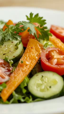 Vertical panning over fresh garden salad with cucumber, tomato and parsley garnish