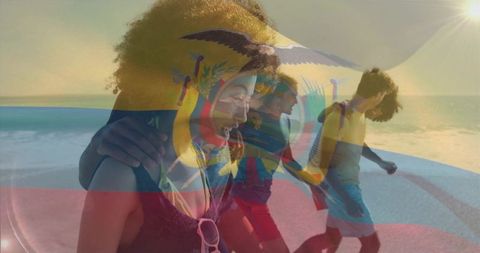 Walking friends on beach at golden hour with tricolor flag overlay evoking unity and pride